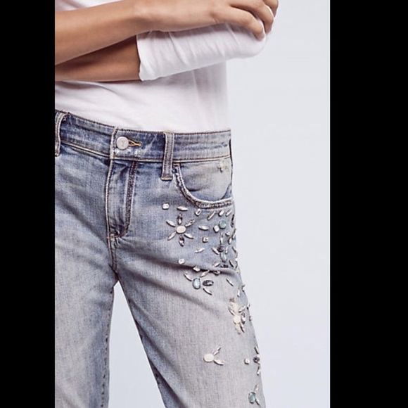 Pilcro Distress Jewel Rhinestone Mid Rise Crop 29 - Picture 3 of 6